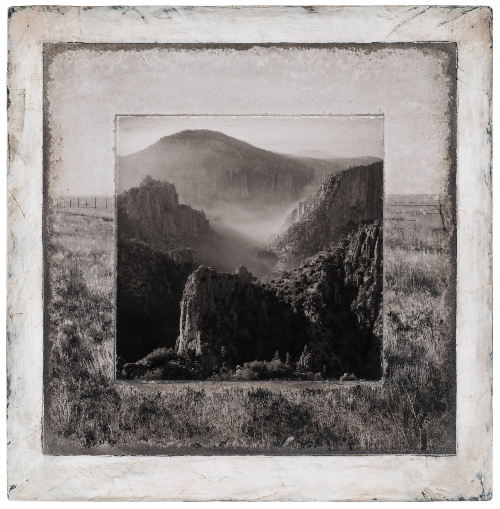 Gila Trinity #18. (Inside image: Descending into Jordan Canyon fire north of the Gila River Middle Fork, 2023. Outside image: A fence across Chihuahuan Desert grasslands in southeastern New Mexico.)
